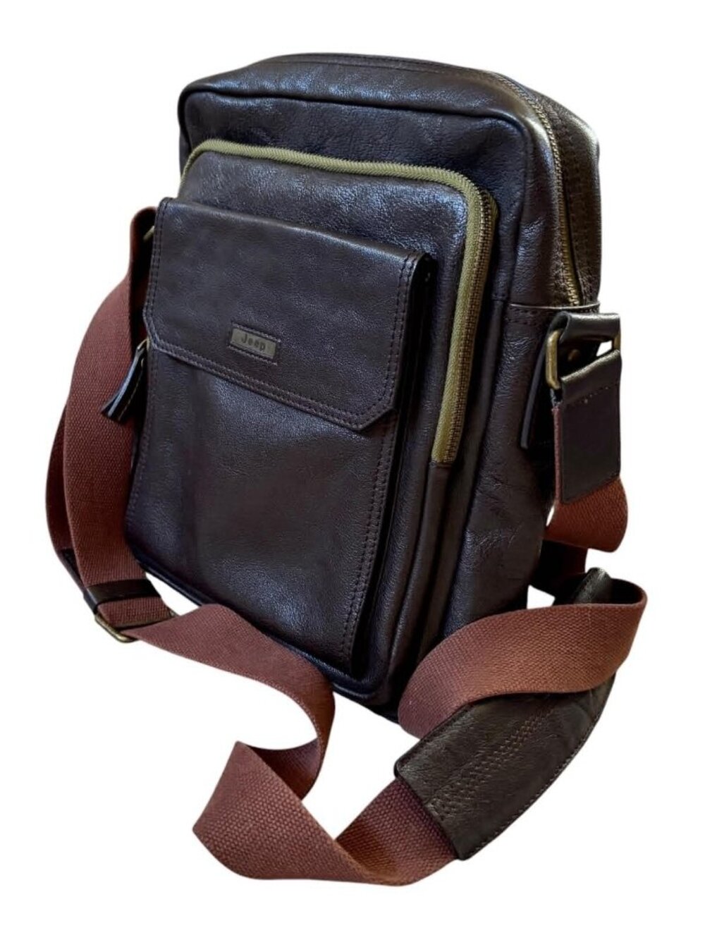 Jeep Leather Cross Body Messenger Travel Bag Zippered Pockets Brown